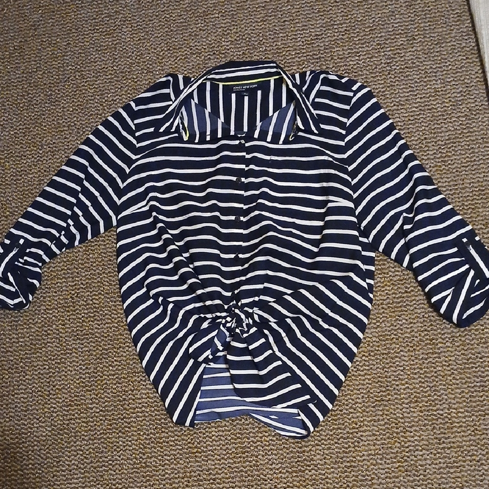 Jones New York Navy and White Striped Button-Front Knot Shirt